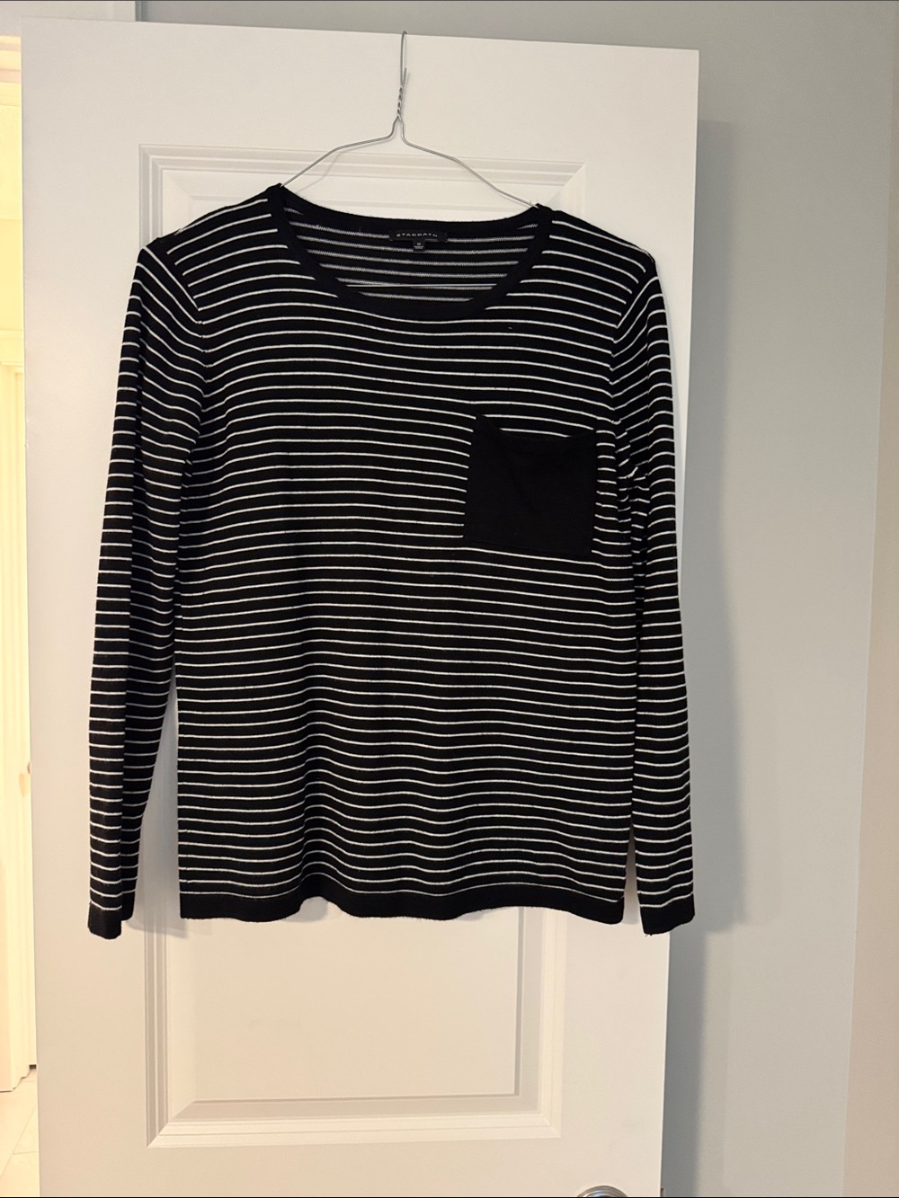 Staccato Black and White Striped Crewneck Sweater with Pocket